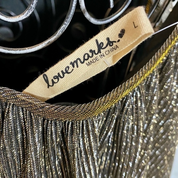 NWT Lovemarks metallic gold pleated mini spaghettini strap flowy dress size L - Picture 7 of 7